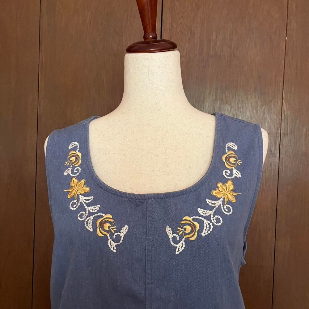VTG Women's Denim Gold Floral Embroidery Overall Dress with Buttons